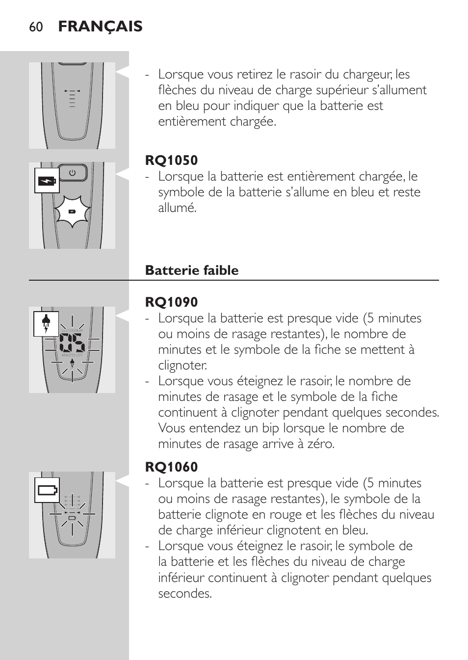 Rq1050, Batterie faible, Rq1090 | Rq1060 | Philips Rasoir électrique User Manual | Page 58 / 136