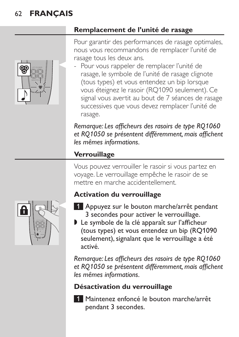 Remplacement de l’unité de rasage, Verrouillage, Activation du verrouillage | Désactivation du verrouillage | Philips Rasoir électrique User Manual | Page 60 / 136