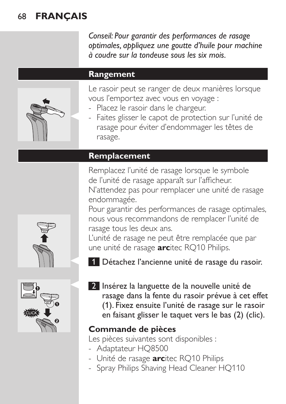 Commande de pièces, Rangement, Remplacement | Philips Rasoir électrique User Manual | Page 66 / 136