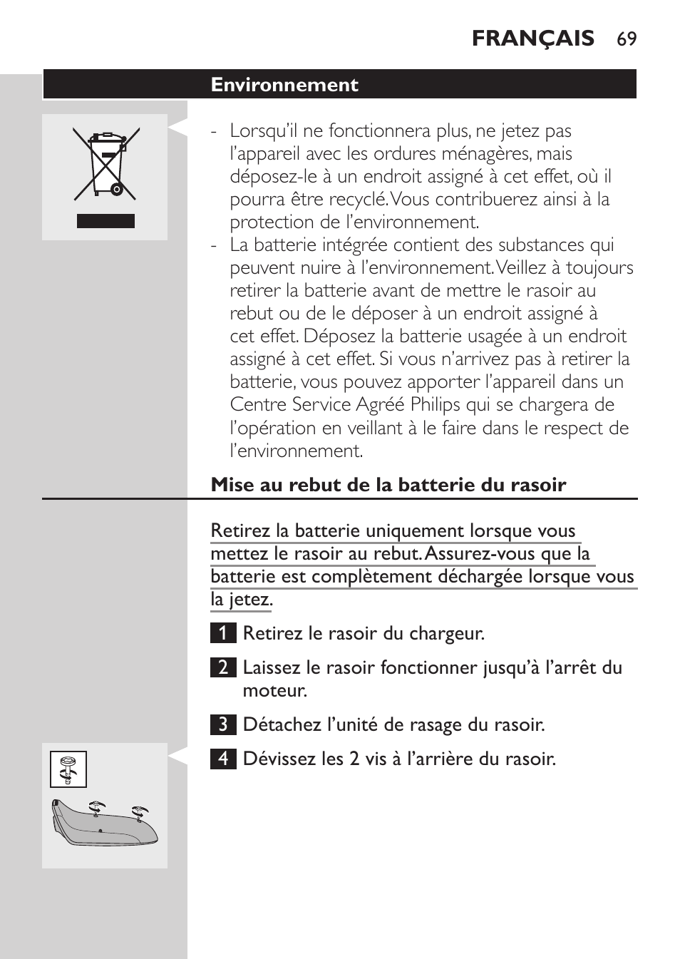 Environnement, Mise au rebut de la batterie du rasoir | Philips Rasoir électrique User Manual | Page 67 / 136