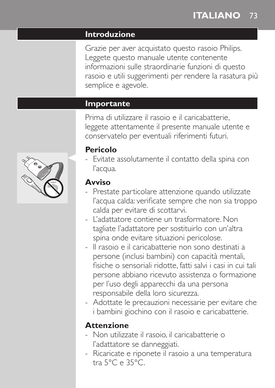 Pericolo, Avviso, Attenzione | Italiano, Introduzione, Importante | Philips Rasoir électrique User Manual | Page 71 / 136