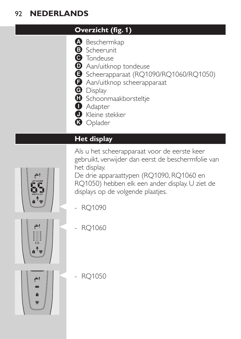 Het display, Opladen | Philips Rasoir électrique User Manual | Page 90 / 136