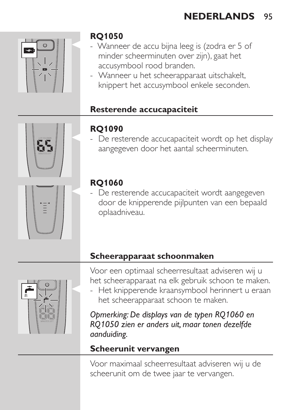 Rq1050, Resterende accucapaciteit, Rq1090 | Rq1060, Scheerapparaat schoonmaken, Scheerunit vervangen | Philips Rasoir électrique User Manual | Page 93 / 136