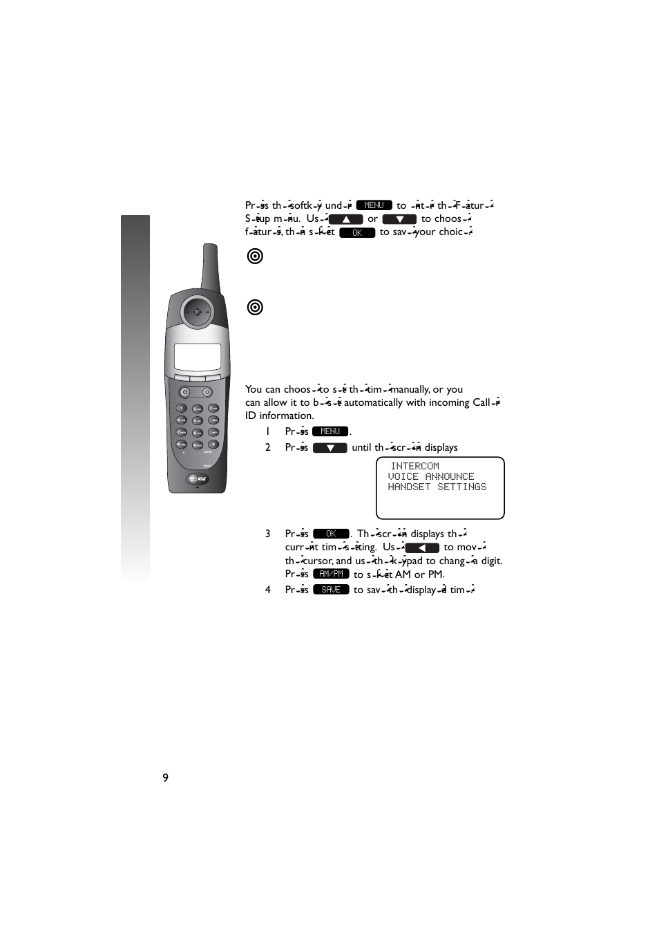 Fea ture setup – handset fea ture setup – handset, Feature setup – handset, Feature setup menu | Set time | AT&T 5870 User Manual | Page 12 / 77