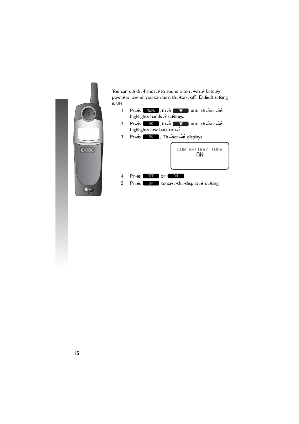 Fea ture setup – handset fea ture setup – handset, Low batt tone | AT&T 5870 User Manual | Page 18 / 77