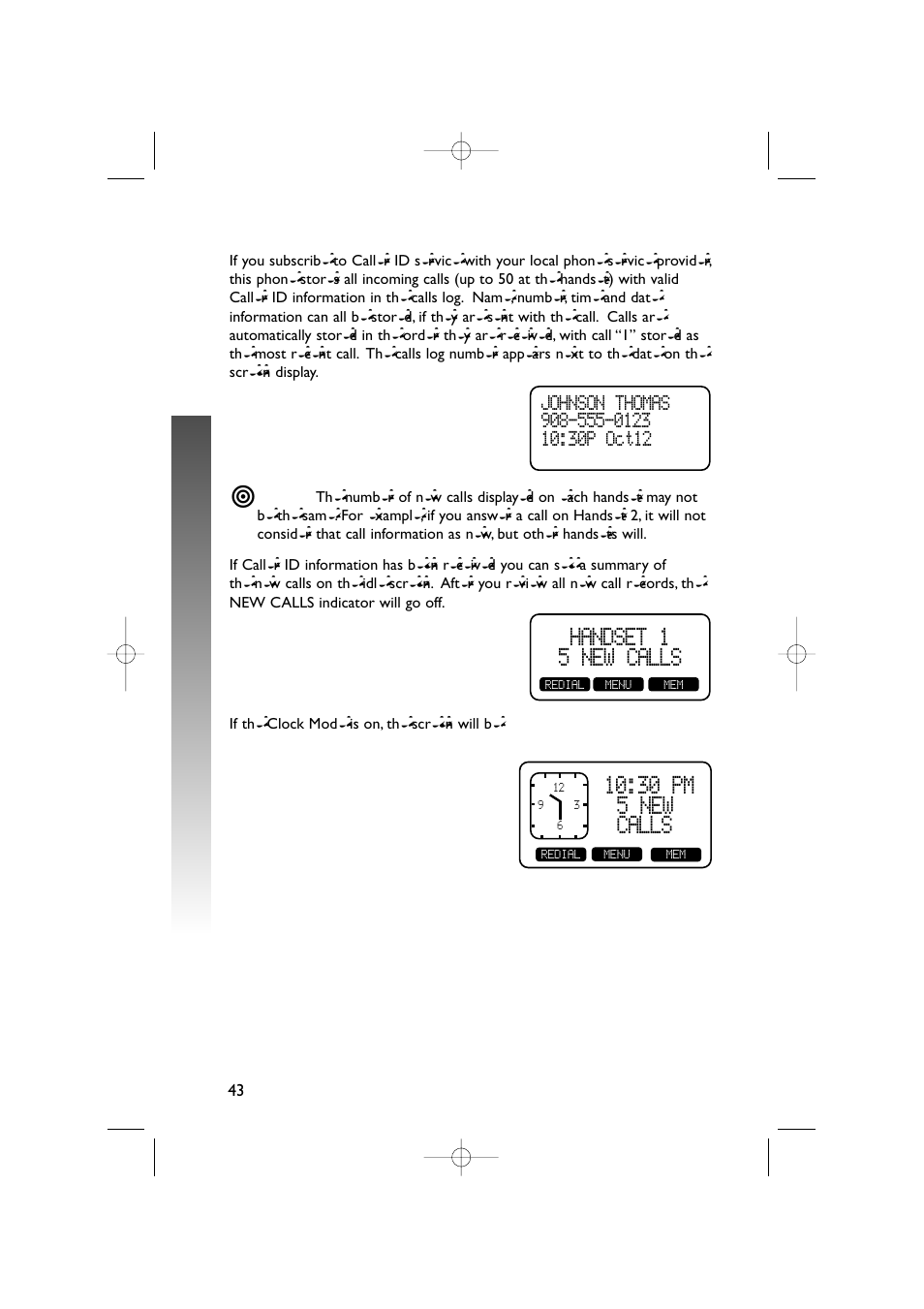Caller id opera tion caller id opera tion, Handset 1 5 new calls, 30 pm 5 new calls | Caller id operation | AT&T 5870 User Manual | Page 46 / 77
