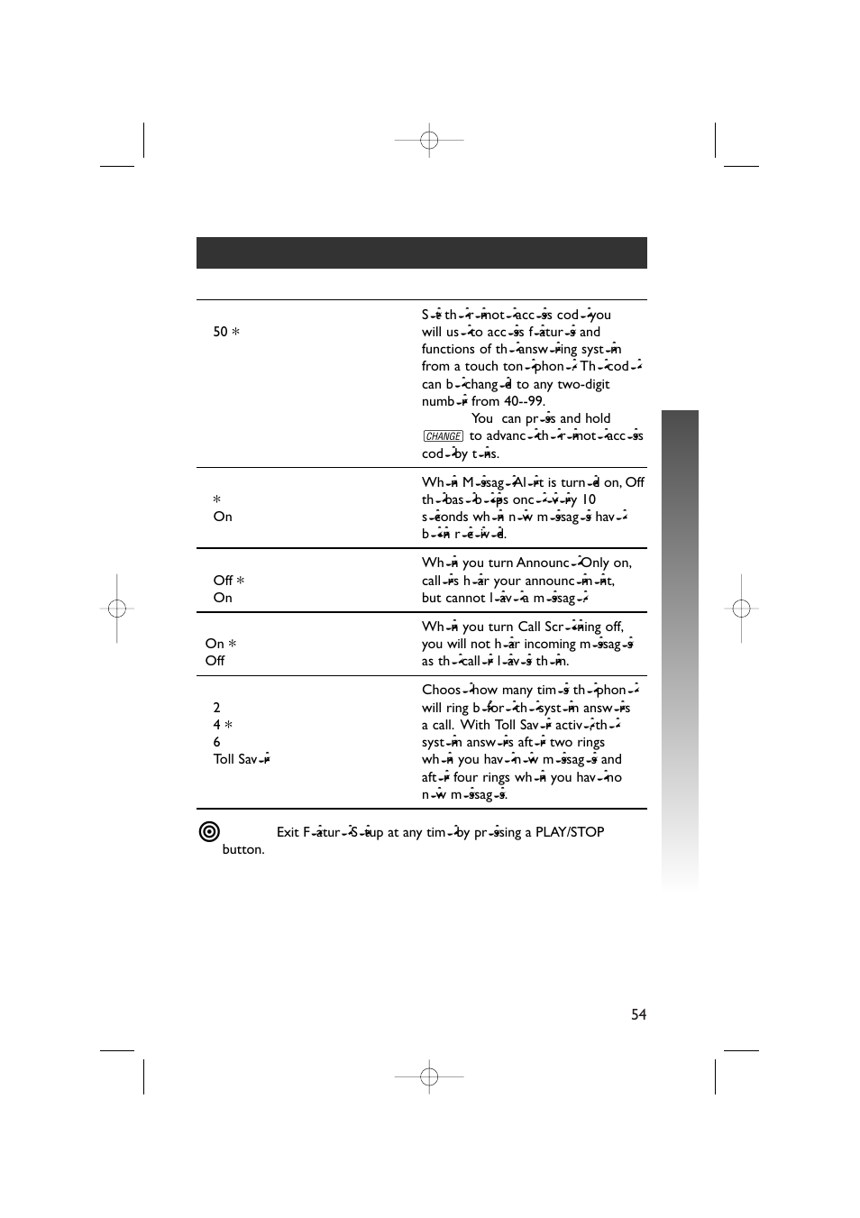 Answering sy stem opera tion, Feature summary | AT&T 5870 User Manual | Page 57 / 77