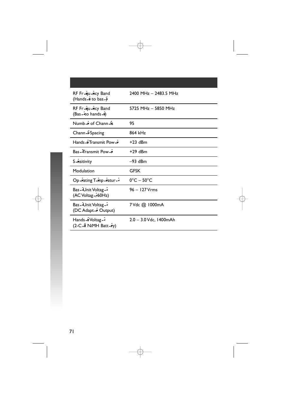 Def a u lt settings def a u lt settings, Technical specifications | AT&T 5870 User Manual | Page 74 / 77
