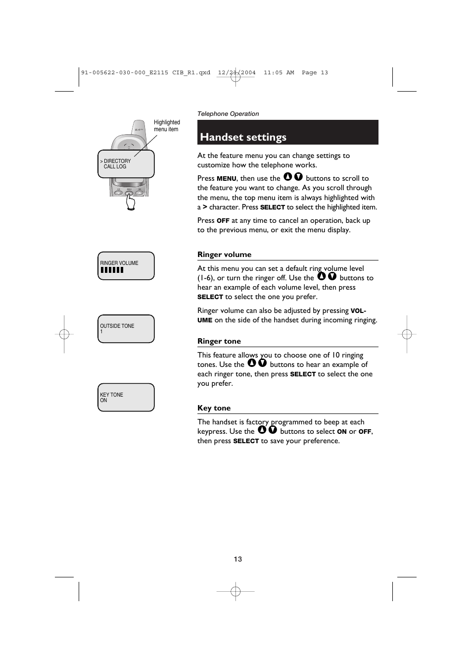 Handset settings | AT&T E2115 User Manual | Page 15 / 27