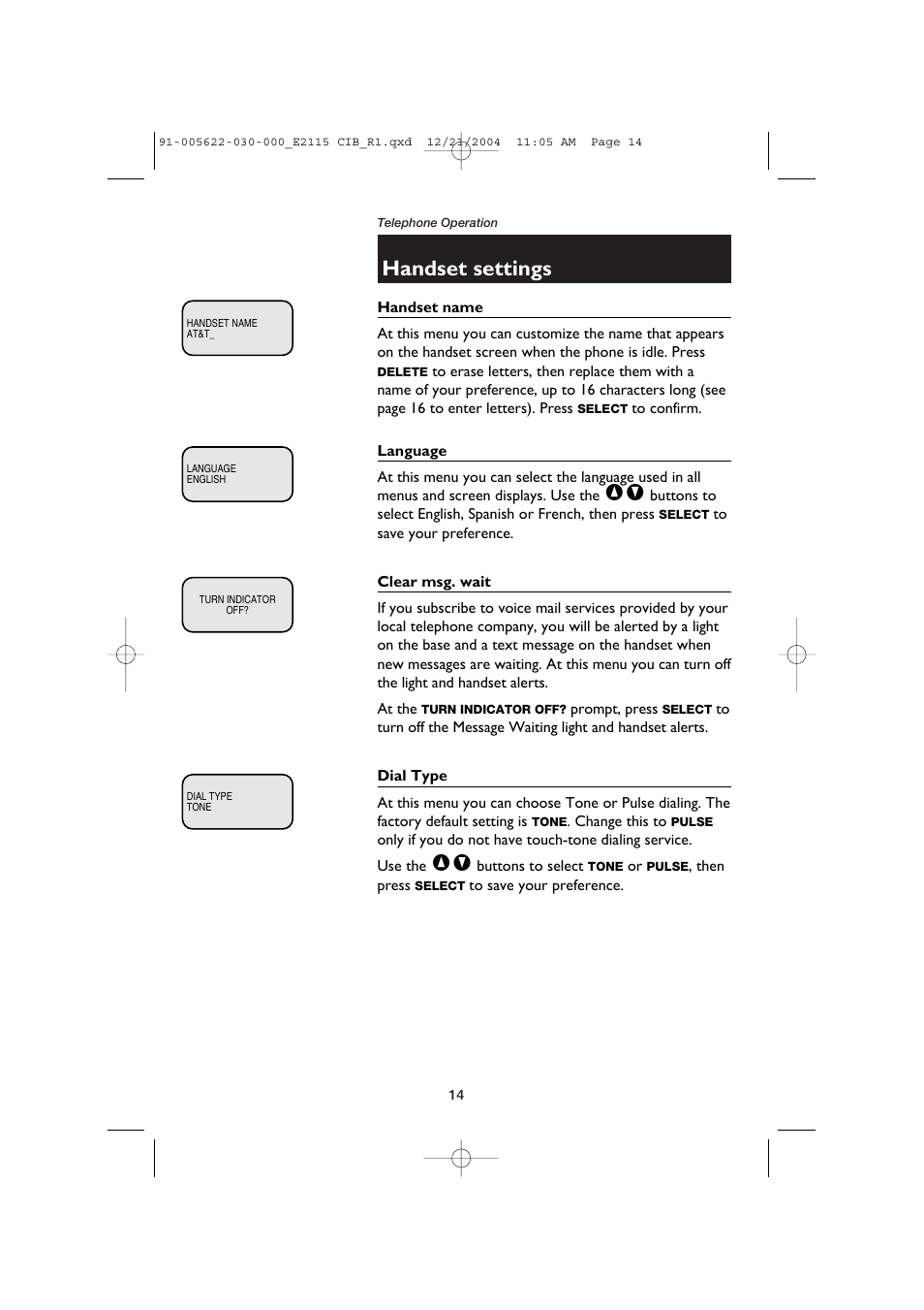Handset settings | AT&T E2115 User Manual | Page 16 / 27