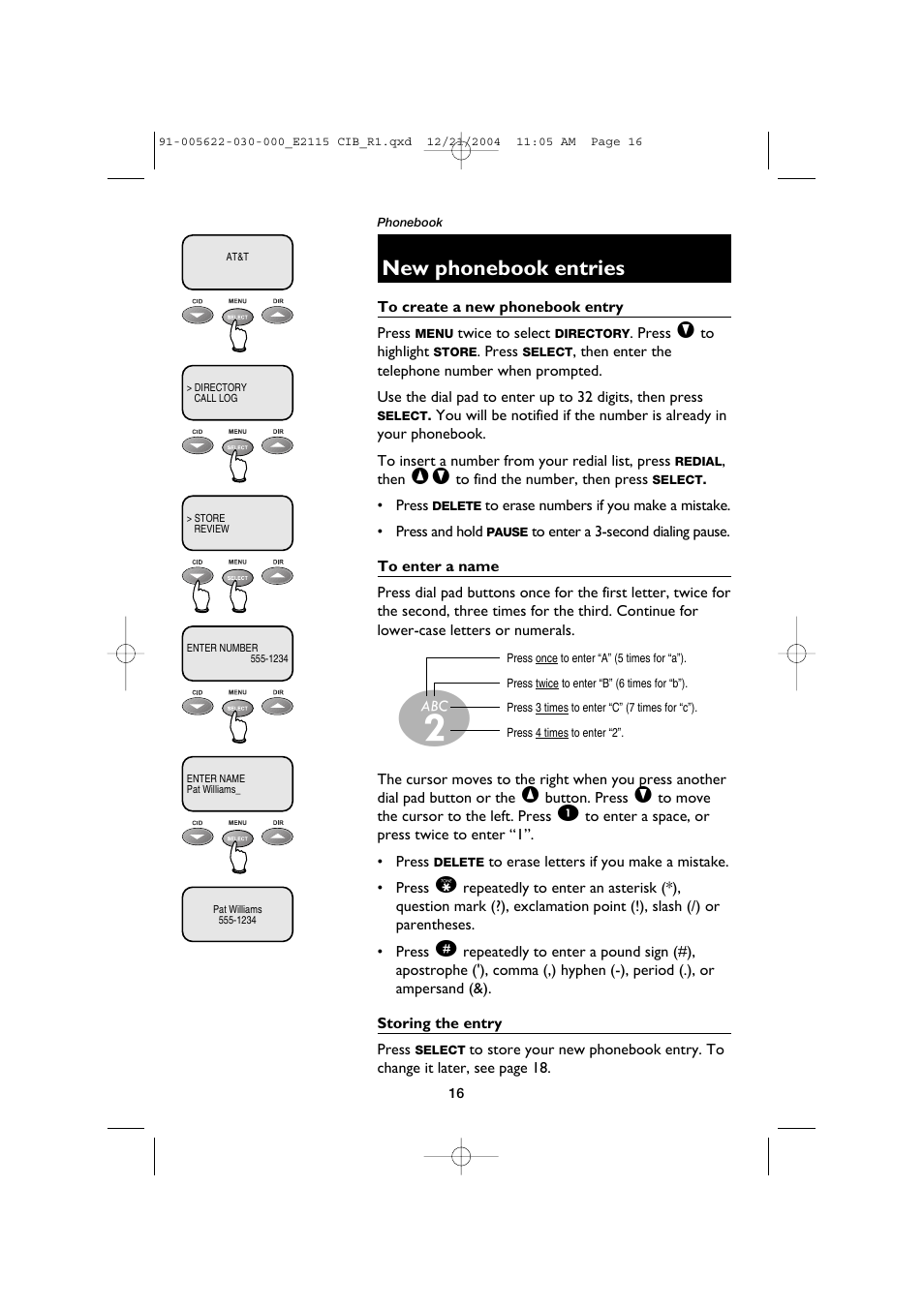 New phonebook entries | AT&T E2115 User Manual | Page 18 / 27