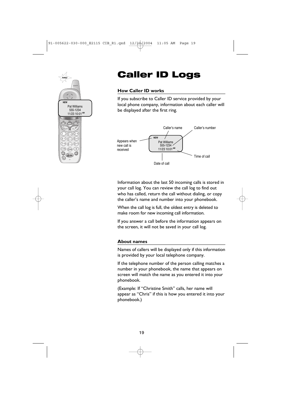 Caller id logs | AT&T E2115 User Manual | Page 21 / 27