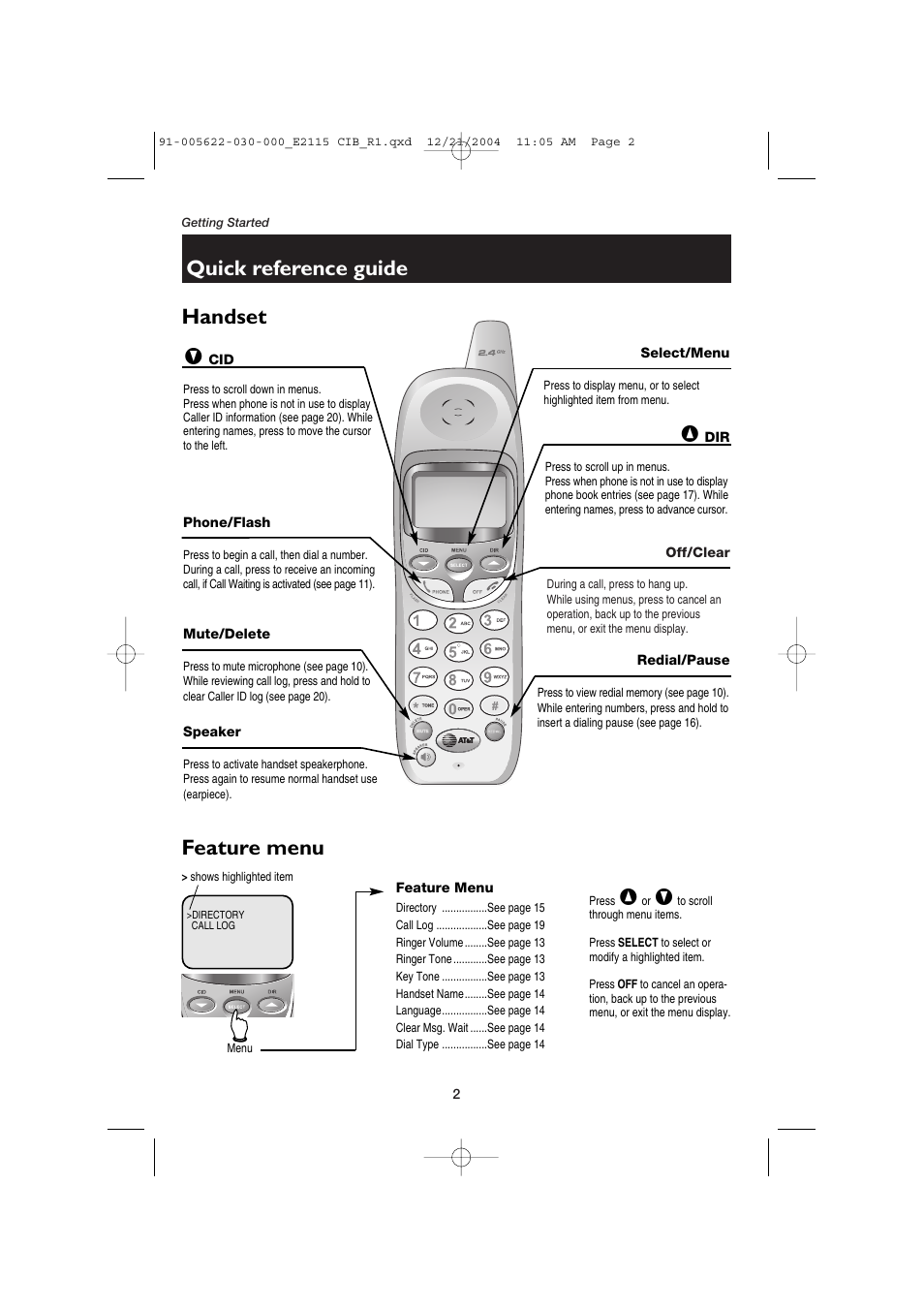 Quick reference guide, Handset feature menu | AT&T E2115 User Manual | Page 4 / 27