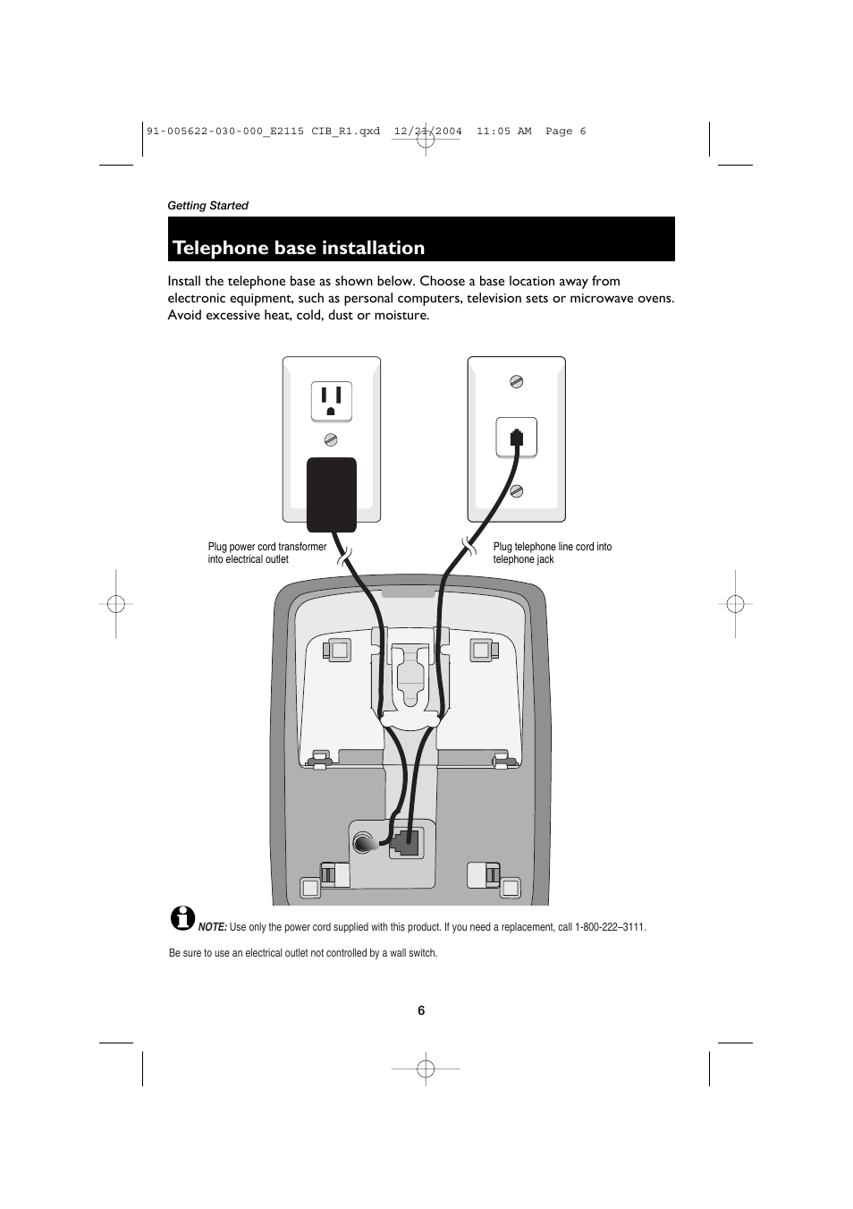 Telephone base installation | AT&T E2115 User Manual | Page 8 / 27