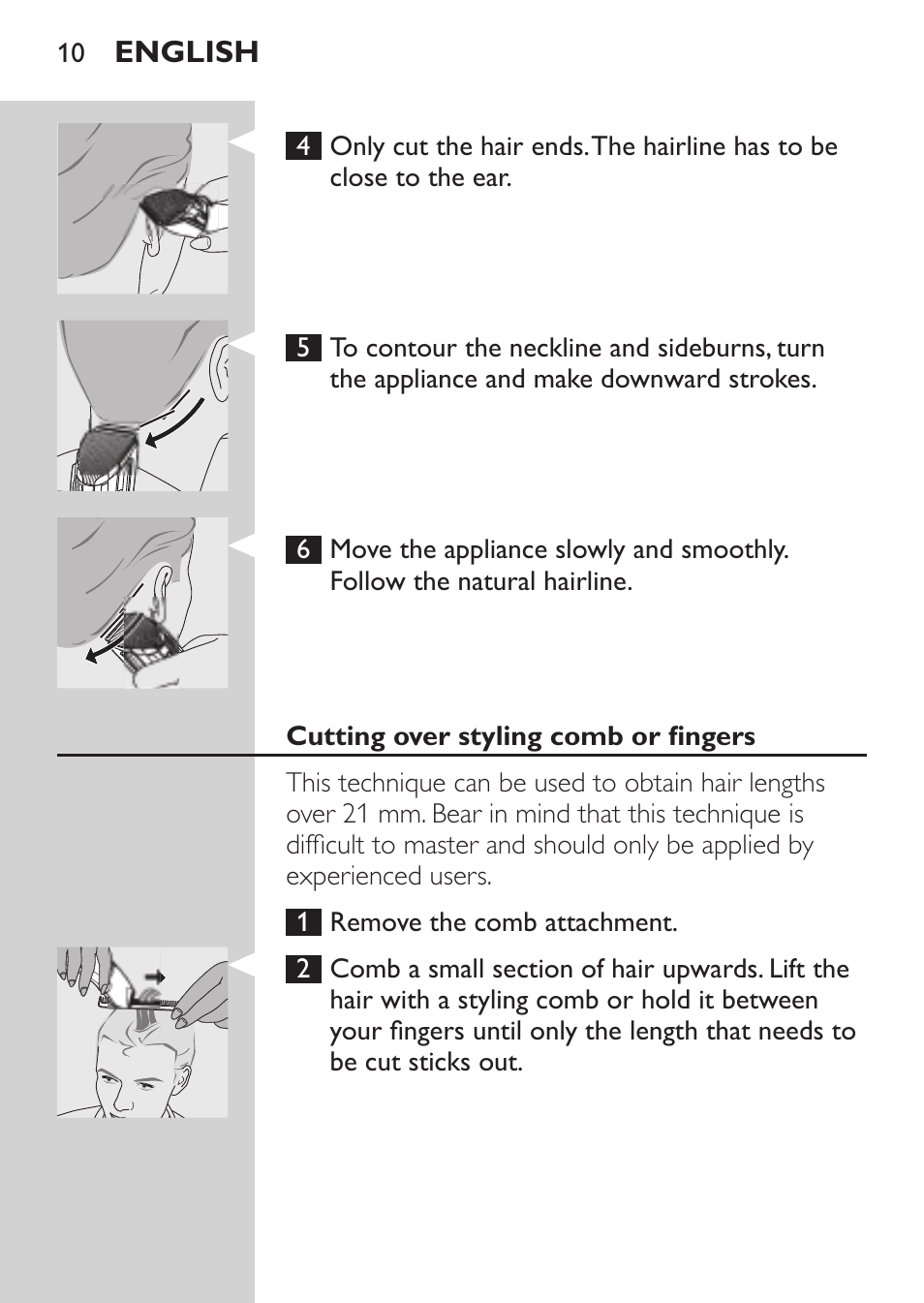 Cutting over styling comb or fingers | Philips HAIRCLIPPER Series 1000 Tondeuse cheveux User Manual | Page 10 / 108