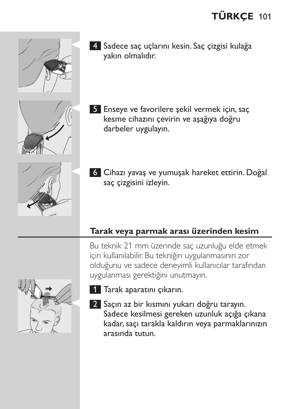 Tarak veya parmak arası üzerinden kesim | Philips HAIRCLIPPER Series 1000 Tondeuse cheveux User Manual | Page 101 / 108