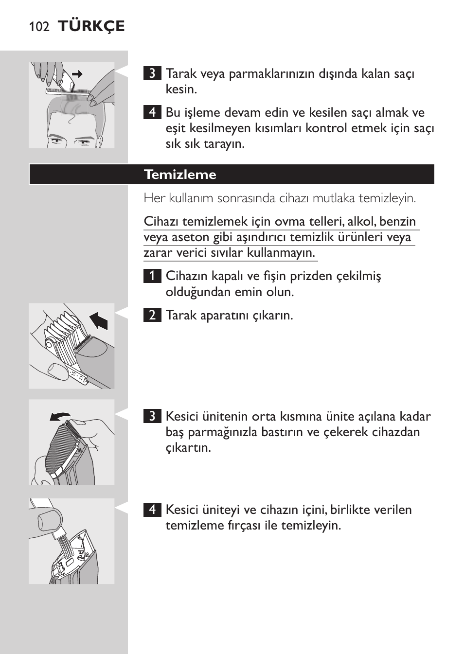 Temizleme | Philips HAIRCLIPPER Series 1000 Tondeuse cheveux User Manual | Page 102 / 108