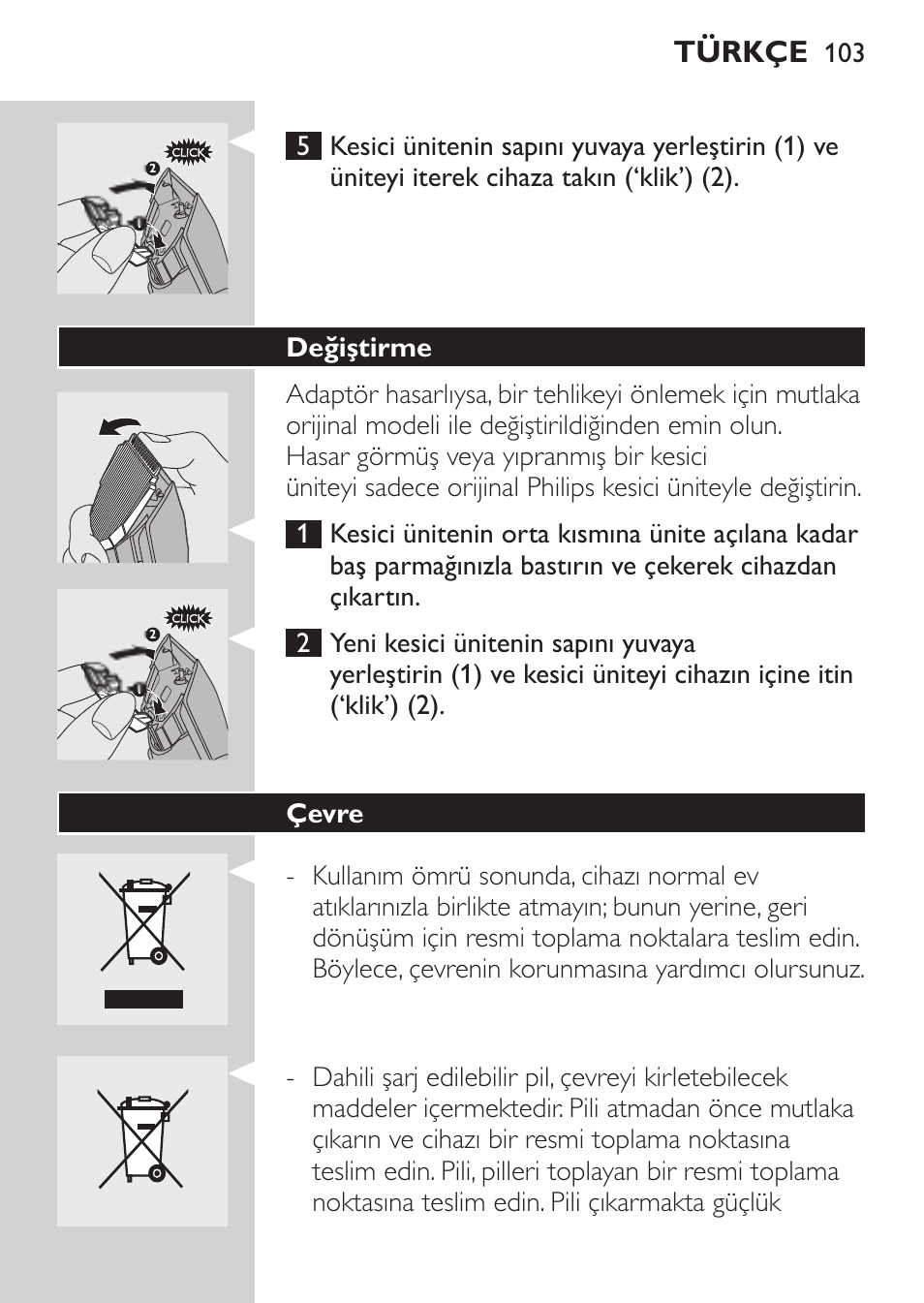 Değiştirme, Çevre, Türkçe | Philips HAIRCLIPPER Series 1000 Tondeuse cheveux User Manual | Page 103 / 108