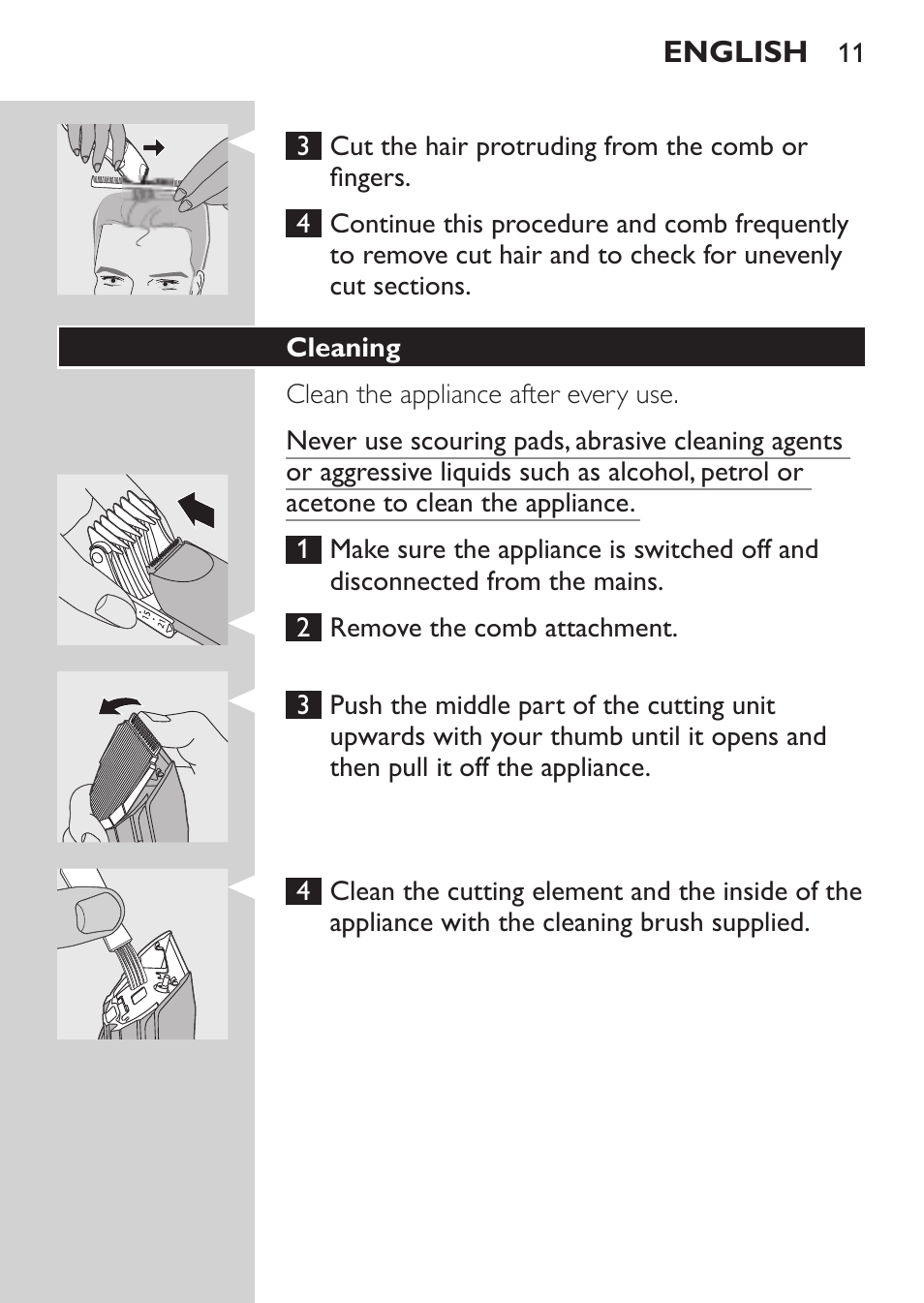 Cleaning | Philips HAIRCLIPPER Series 1000 Tondeuse cheveux User Manual | Page 11 / 108