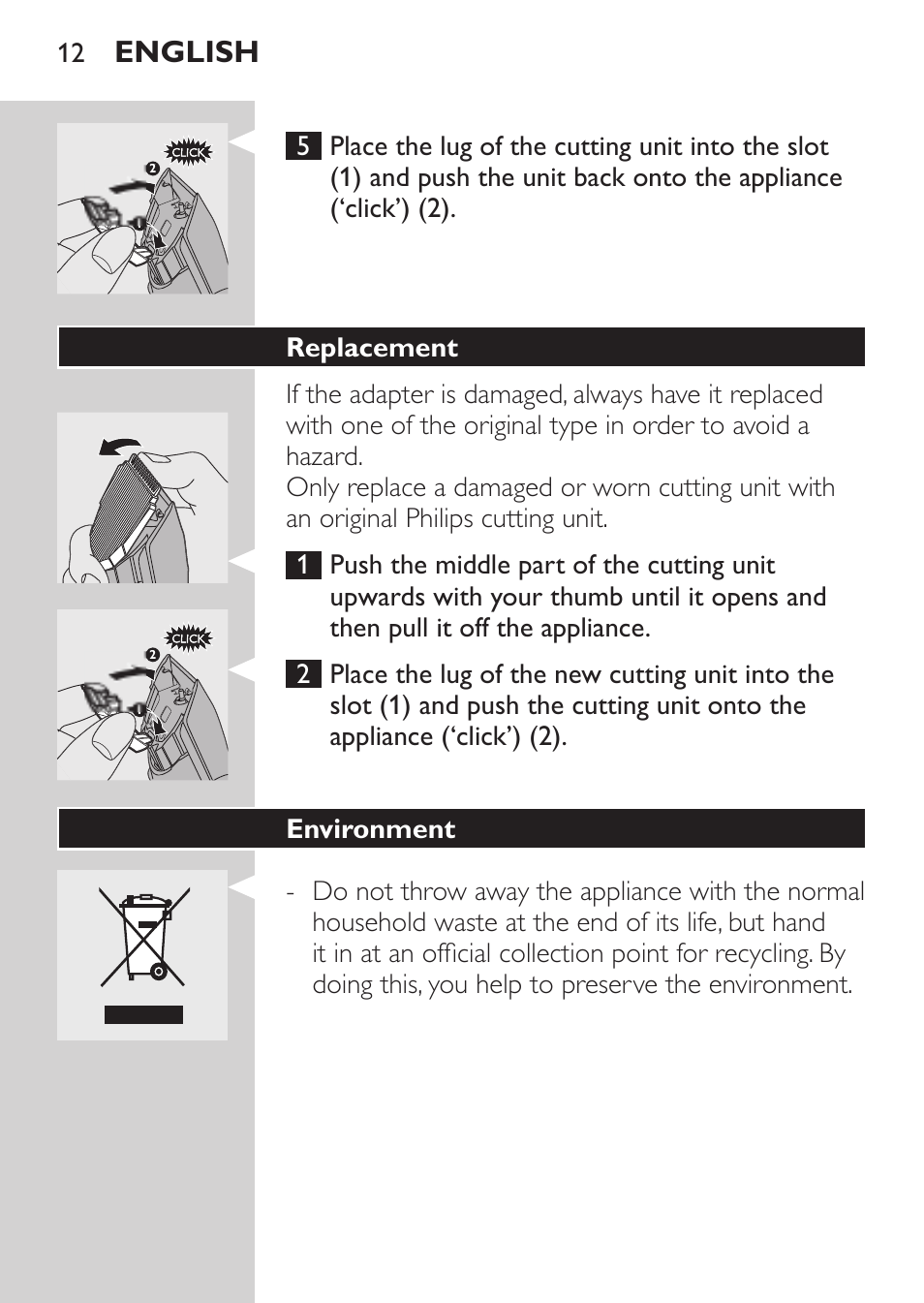 Replacement, Environment, English | Philips HAIRCLIPPER Series 1000 Tondeuse cheveux User Manual | Page 12 / 108