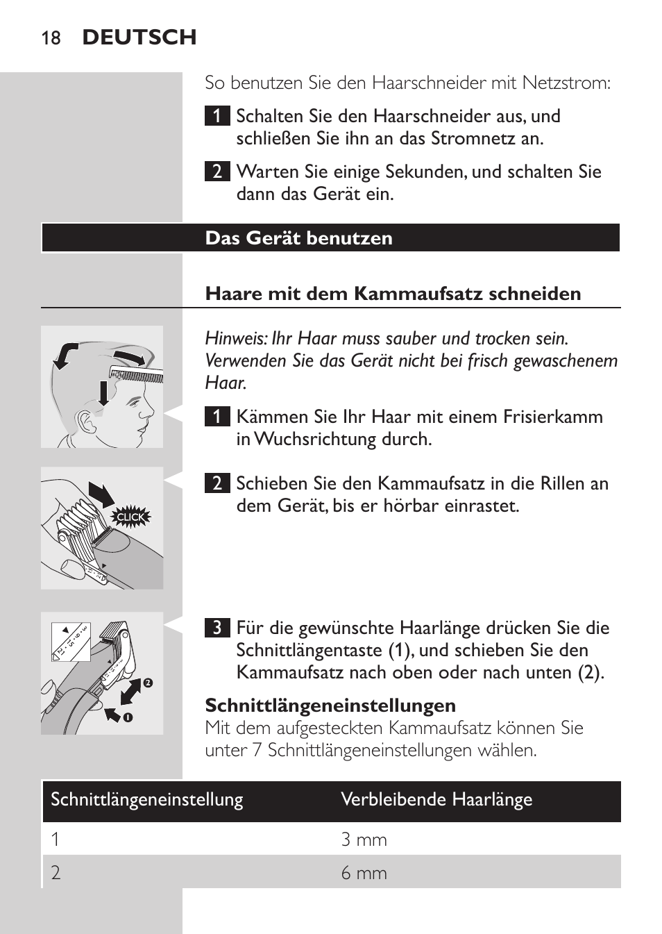 Das gerät benutzen, Haare mit dem kammaufsatz schneiden, Schnittlängeneinstellungen | Deutsch | Philips HAIRCLIPPER Series 1000 Tondeuse cheveux User Manual | Page 18 / 108