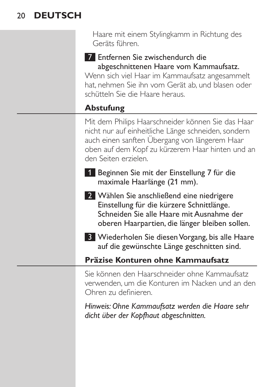 Abstufung, Präzise konturen ohne kammaufsatz | Philips HAIRCLIPPER Series 1000 Tondeuse cheveux User Manual | Page 20 / 108