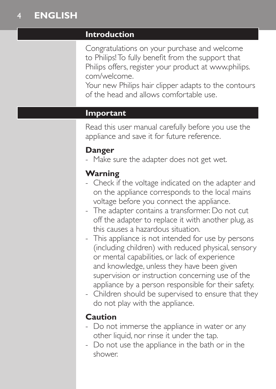 English, Introduction, Important | Danger, Warning, Caution | Philips HAIRCLIPPER Series 1000 Tondeuse cheveux User Manual | Page 4 / 108