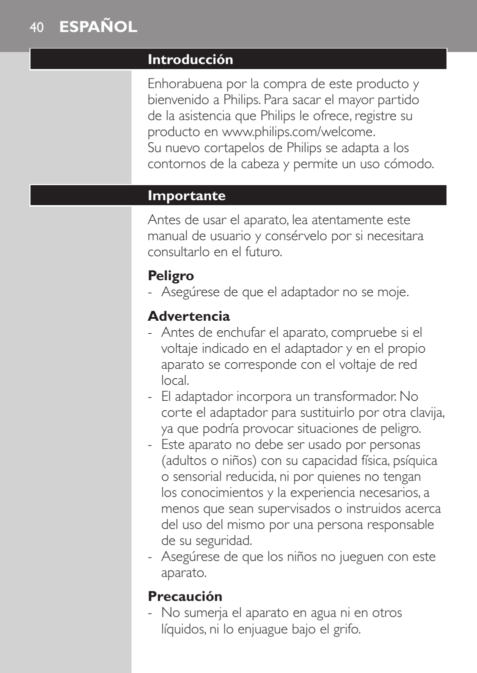 Peligro, Advertencia, Precaución | Español, Introducción, Importante | Philips HAIRCLIPPER Series 1000 Tondeuse cheveux User Manual | Page 40 / 108