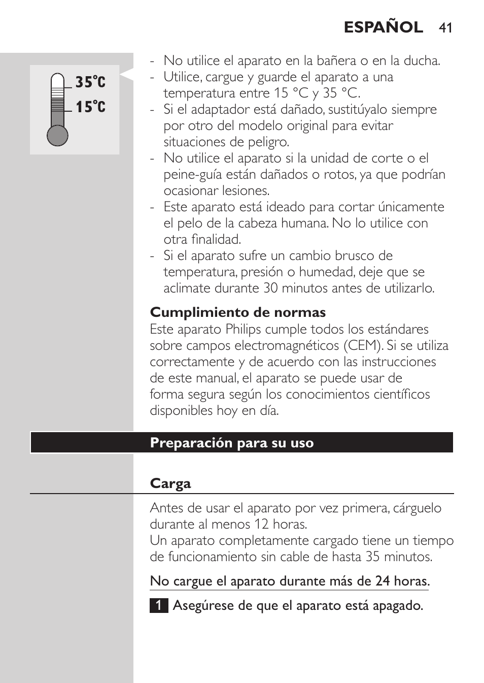 Cumplimiento de normas, Preparación para su uso, Carga | Philips HAIRCLIPPER Series 1000 Tondeuse cheveux User Manual | Page 41 / 108