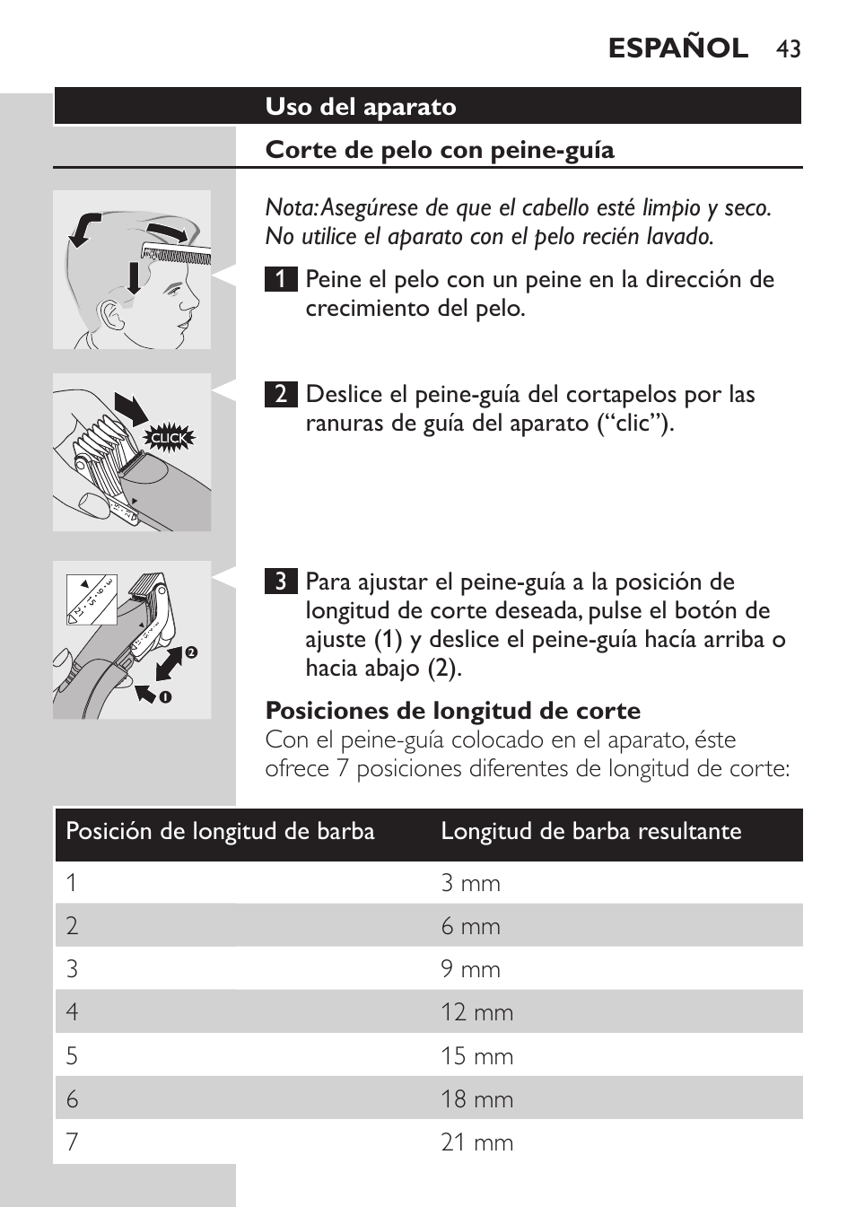 Uso del aparato, Corte de pelo con peine-guía, Posiciones de longitud de corte | Español | Philips HAIRCLIPPER Series 1000 Tondeuse cheveux User Manual | Page 43 / 108