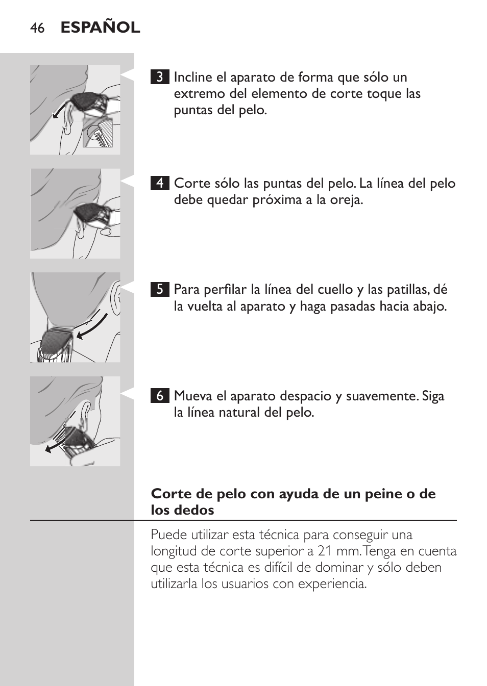 Corte de pelo con ayuda de un peine o de los dedos | Philips HAIRCLIPPER Series 1000 Tondeuse cheveux User Manual | Page 46 / 108