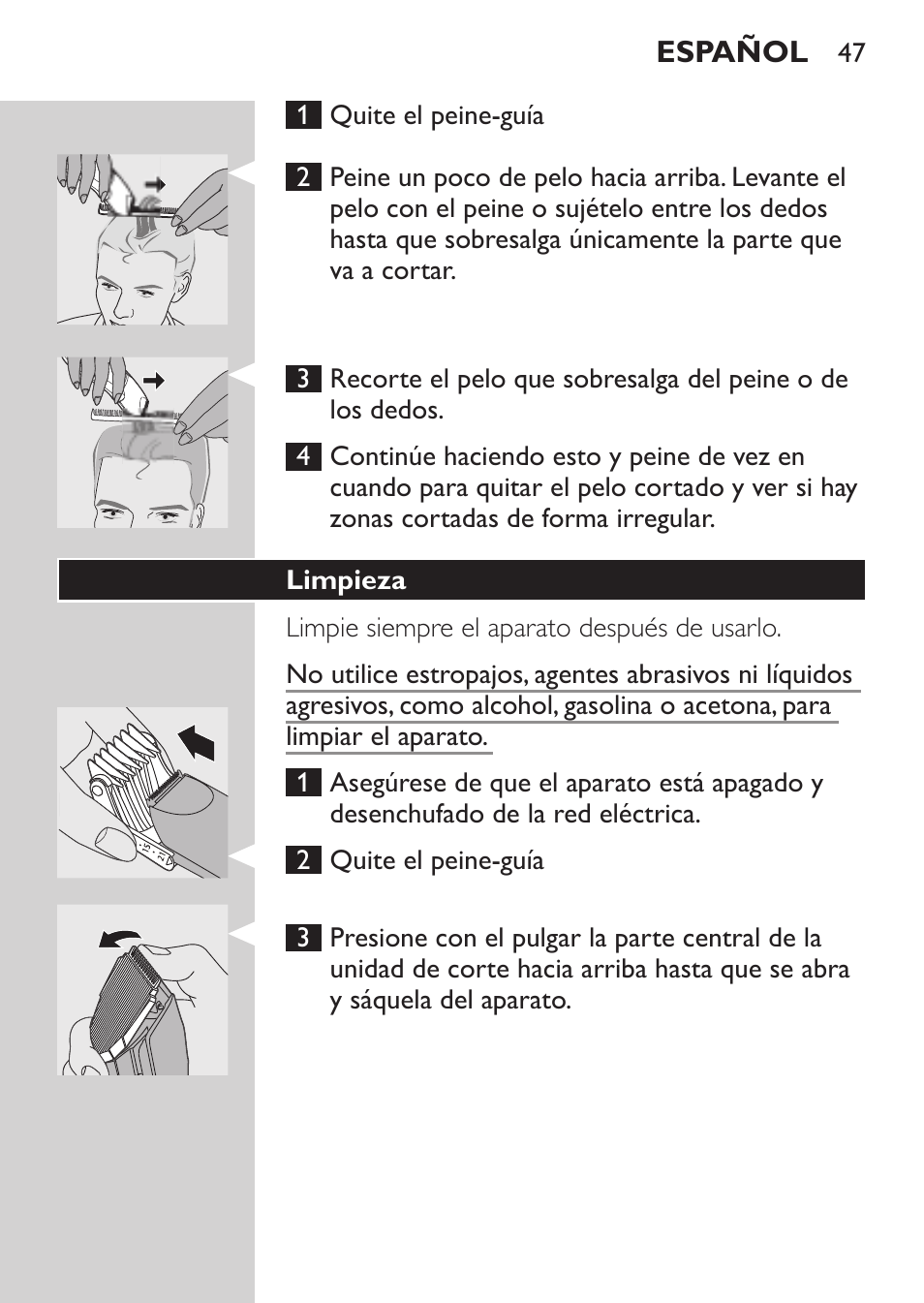 Limpieza | Philips HAIRCLIPPER Series 1000 Tondeuse cheveux User Manual | Page 47 / 108