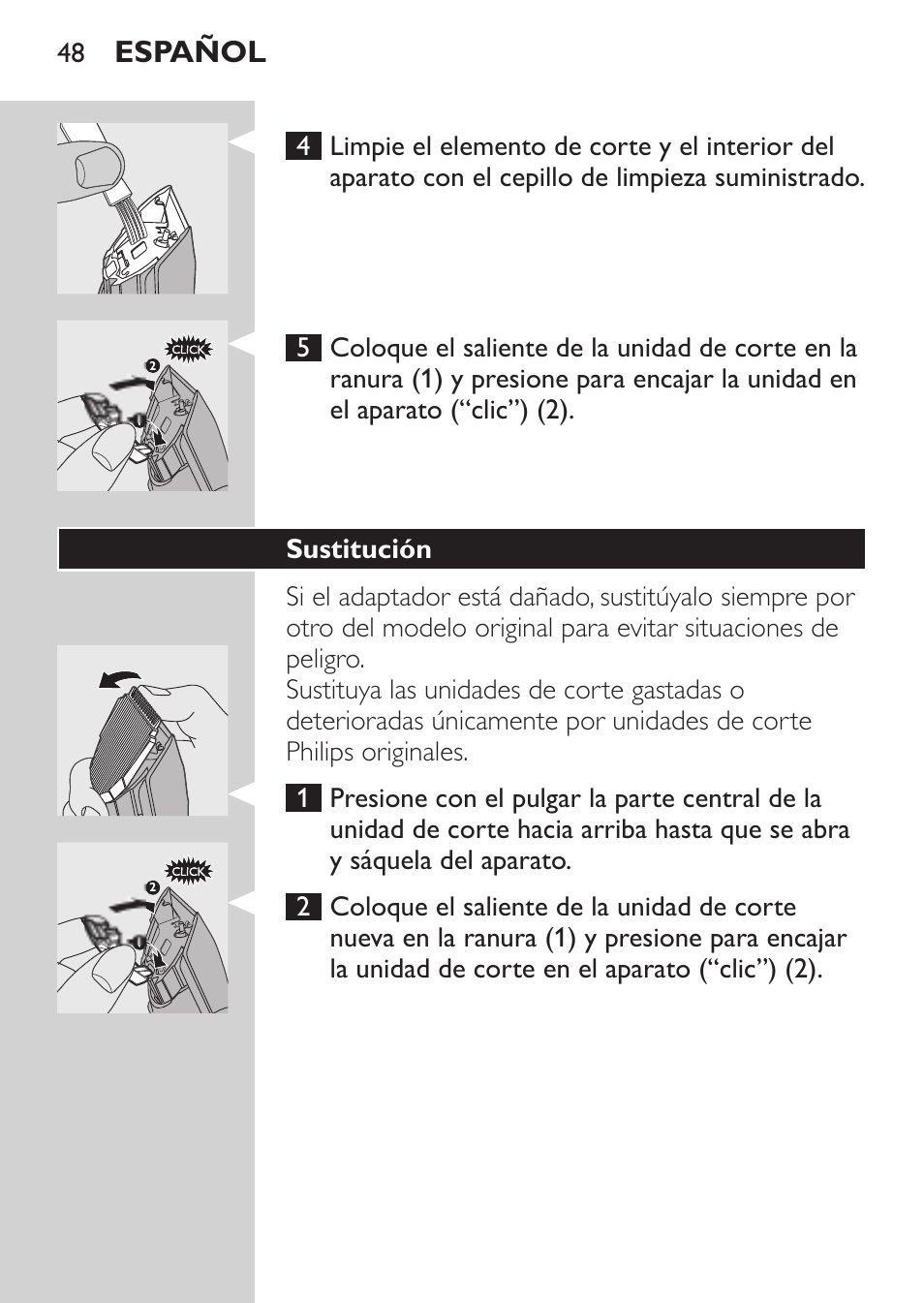 Sustitución, Español | Philips HAIRCLIPPER Series 1000 Tondeuse cheveux User Manual | Page 48 / 108