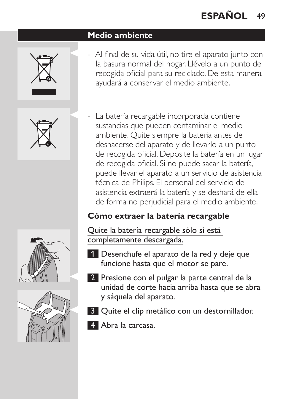 Cómo extraer la batería recargable, Medio ambiente | Philips HAIRCLIPPER Series 1000 Tondeuse cheveux User Manual | Page 49 / 108