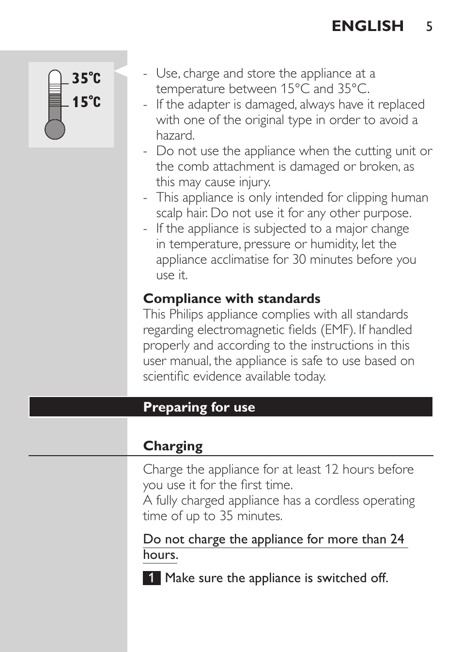 Compliance with standards, Preparing for use, Charging | Philips HAIRCLIPPER Series 1000 Tondeuse cheveux User Manual | Page 5 / 108