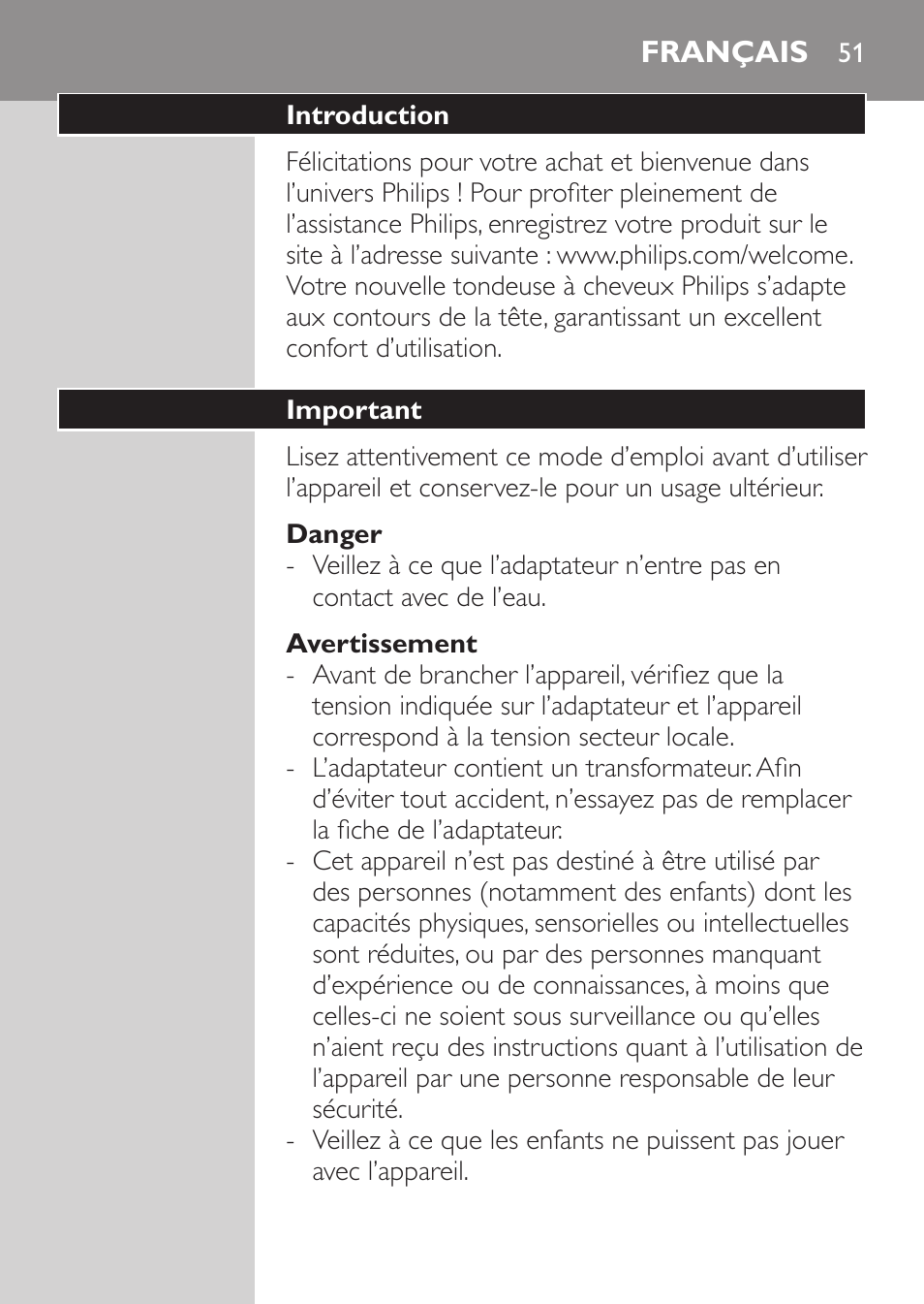 Danger, Avertissement, Français | Introduction, Important | Philips HAIRCLIPPER Series 1000 Tondeuse cheveux User Manual | Page 51 / 108