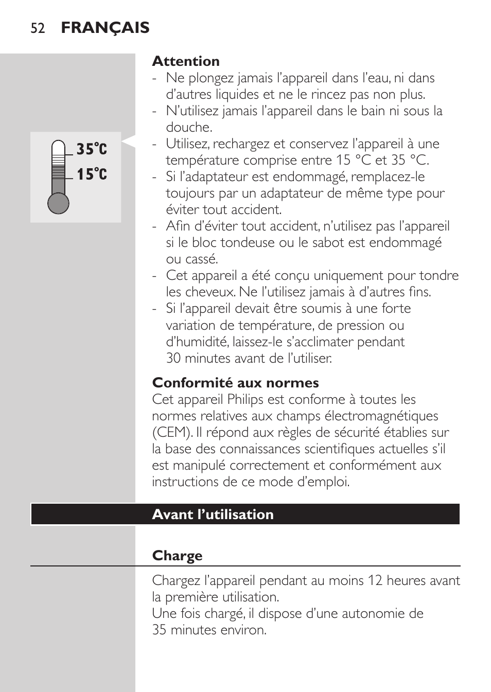 Attention, Conformité aux normes, Avant l’utilisation | Charge | Philips HAIRCLIPPER Series 1000 Tondeuse cheveux User Manual | Page 52 / 108