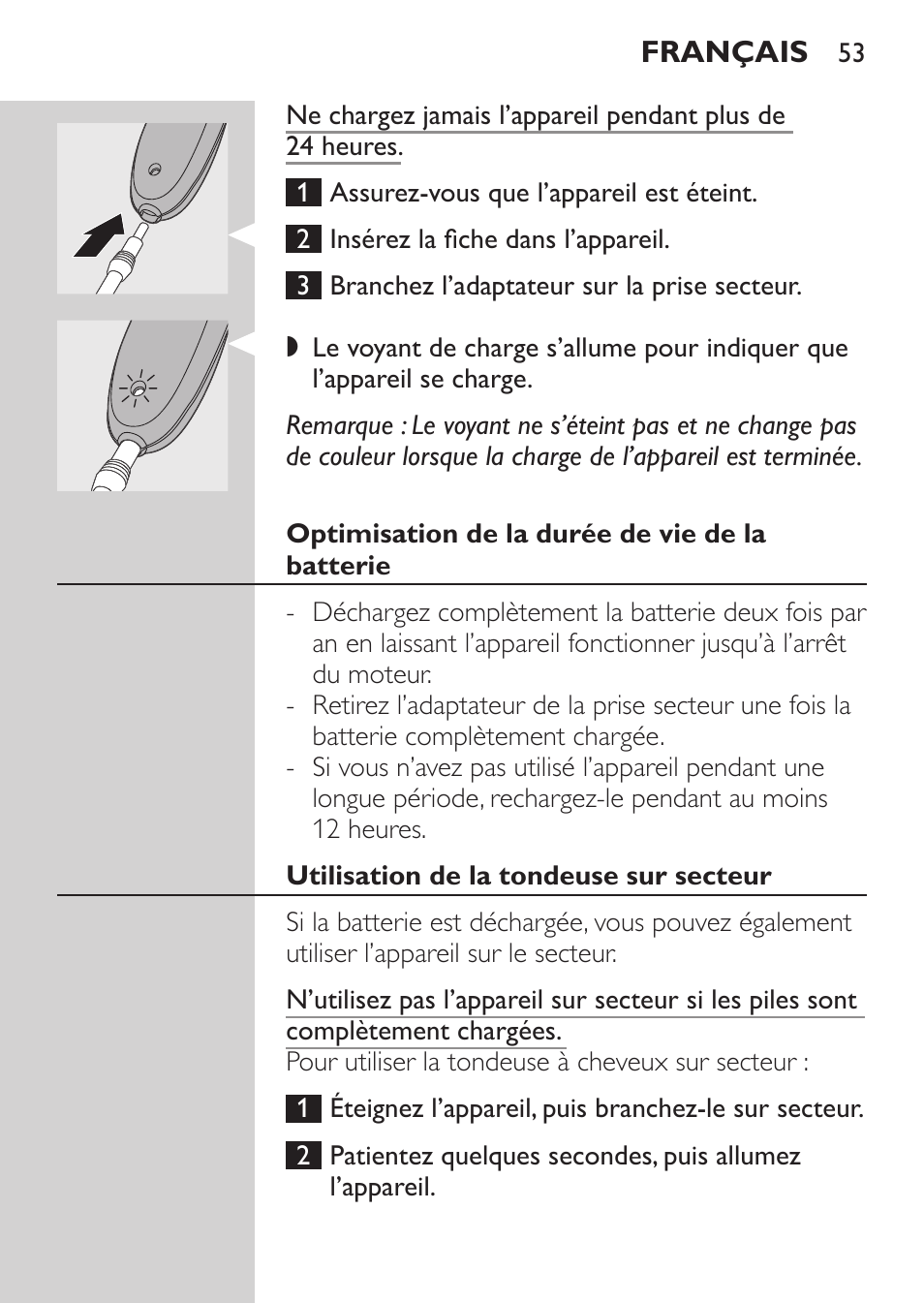 Optimisation de la durée de vie de la batterie, Utilisation de la tondeuse sur secteur | Philips HAIRCLIPPER Series 1000 Tondeuse cheveux User Manual | Page 53 / 108