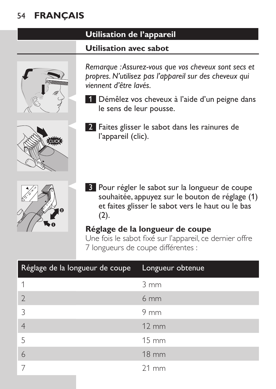 Utilisation de l’appareil, Utilisation avec sabot, Réglage de la longueur de coupe | Français | Philips HAIRCLIPPER Series 1000 Tondeuse cheveux User Manual | Page 54 / 108