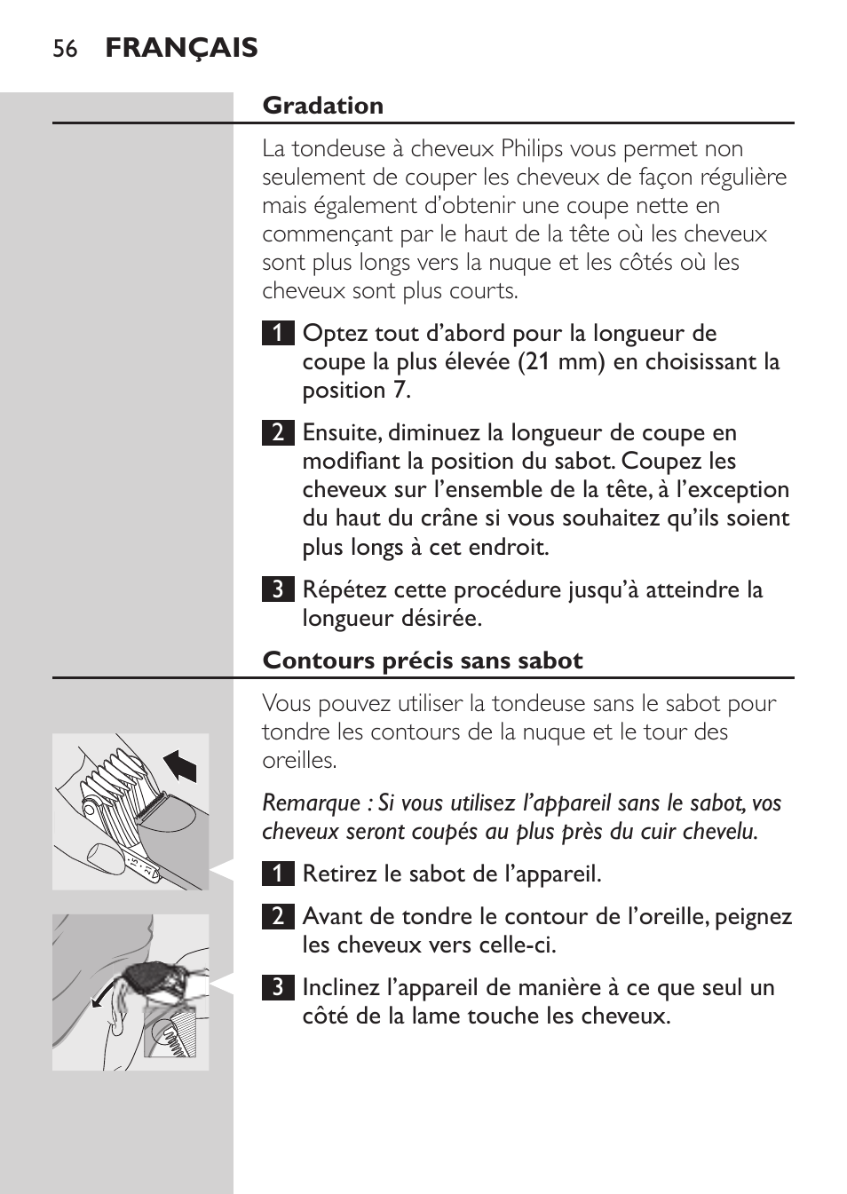 Gradation, Contours précis sans sabot | Philips HAIRCLIPPER Series 1000 Tondeuse cheveux User Manual | Page 56 / 108