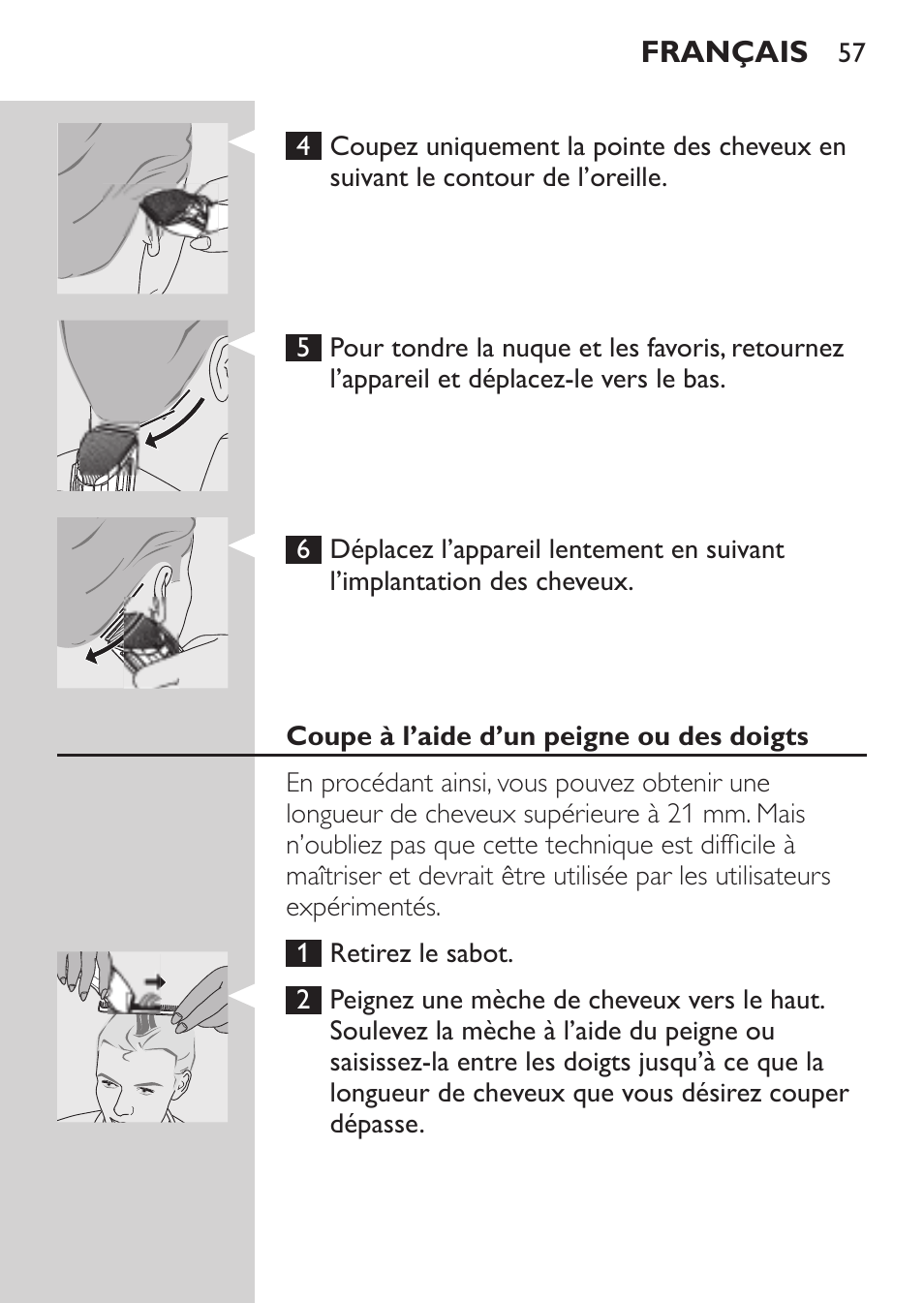 Coupe à l’aide d’un peigne ou des doigts | Philips HAIRCLIPPER Series 1000 Tondeuse cheveux User Manual | Page 57 / 108