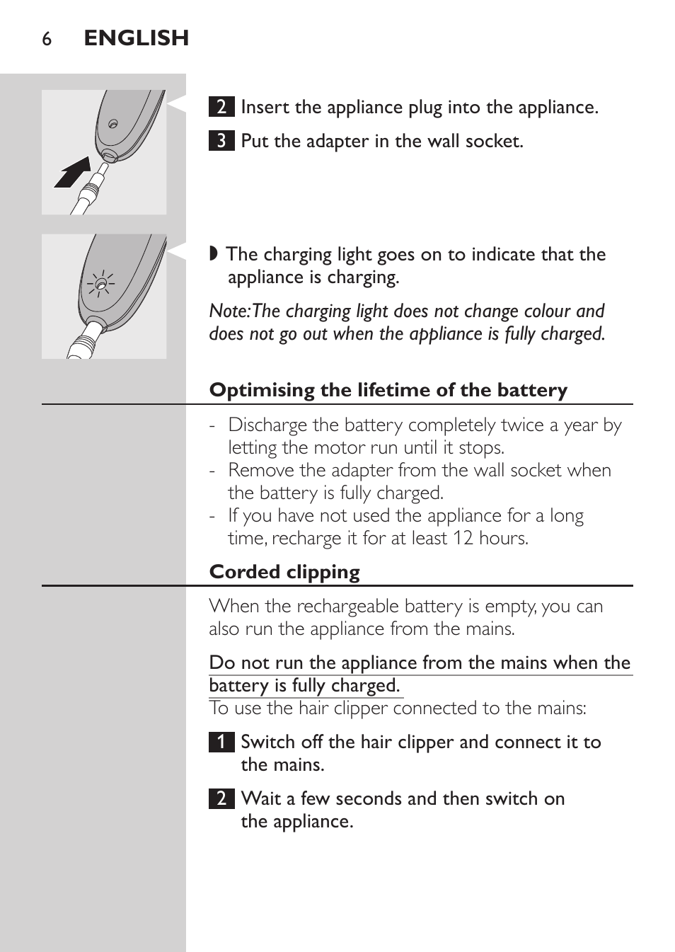 Optimising the lifetime of the battery, Corded clipping | Philips HAIRCLIPPER Series 1000 Tondeuse cheveux User Manual | Page 6 / 108