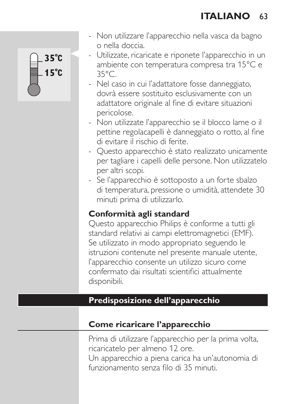 Conformità agli standard, Predisposizione dell’apparecchio, Come ricaricare l’apparecchio | Philips HAIRCLIPPER Series 1000 Tondeuse cheveux User Manual | Page 63 / 108