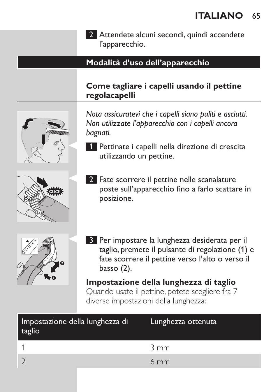 Modalità d’uso dell’apparecchio, Impostazione della lunghezza di taglio, Italiano | Philips HAIRCLIPPER Series 1000 Tondeuse cheveux User Manual | Page 65 / 108