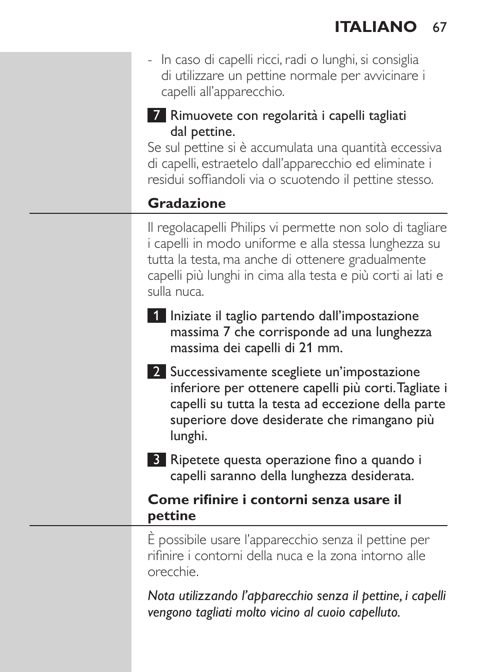 Gradazione, Come rifinire i contorni senza usare il pettine | Philips HAIRCLIPPER Series 1000 Tondeuse cheveux User Manual | Page 67 / 108