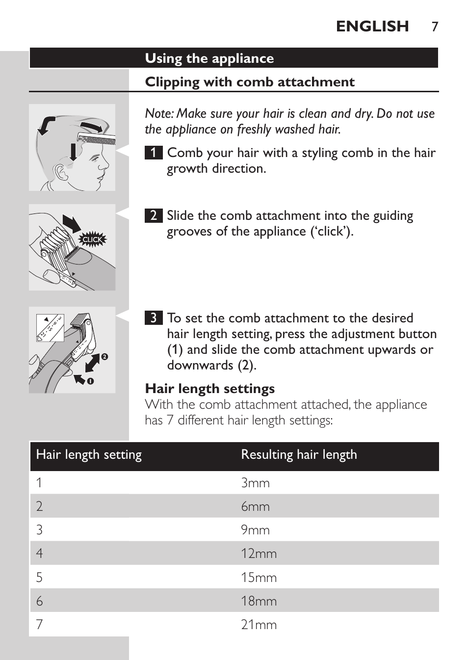 Using the appliance, Clipping with comb attachment, Hair length settings | English | Philips HAIRCLIPPER Series 1000 Tondeuse cheveux User Manual | Page 7 / 108