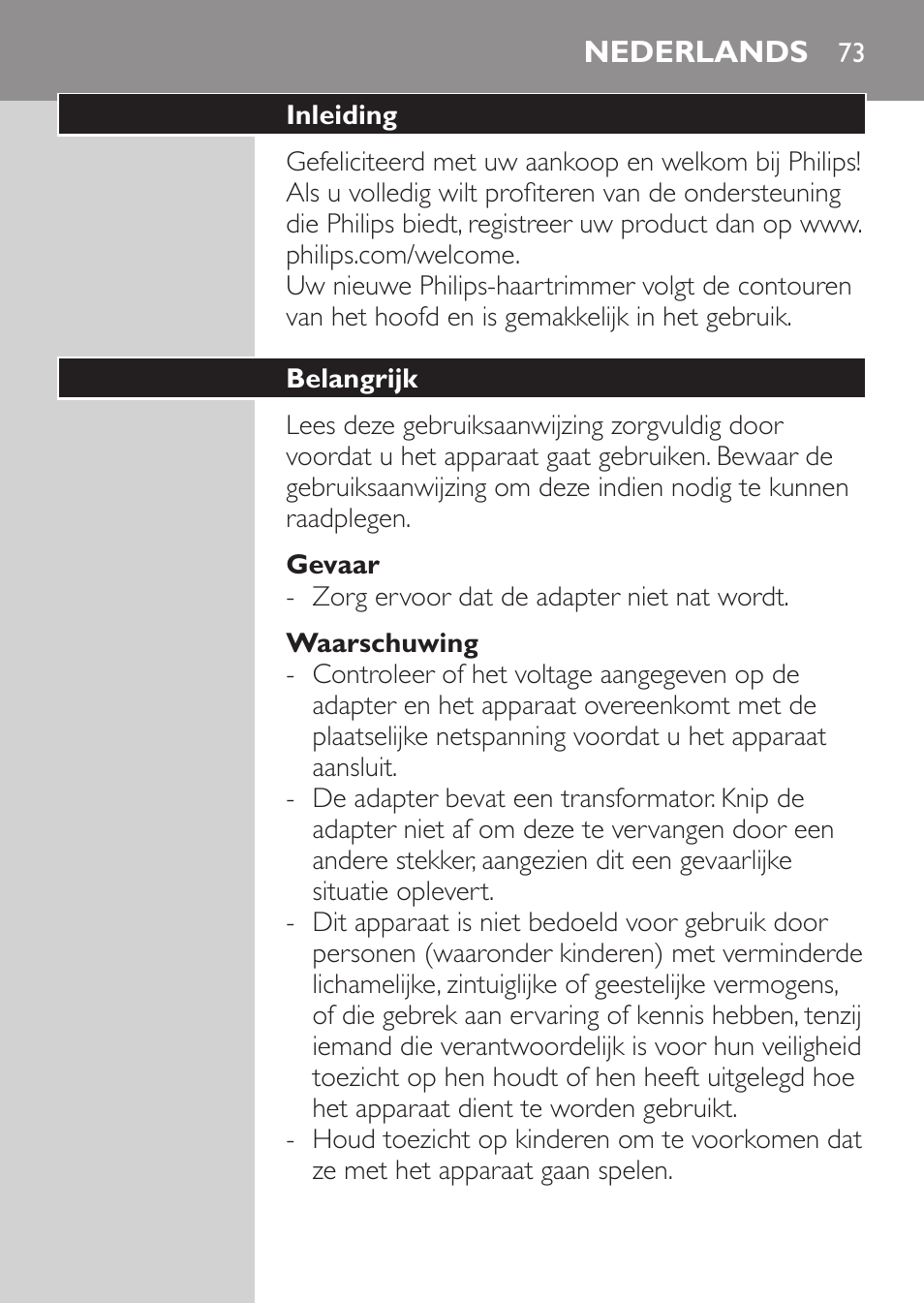 Gevaar, Waarschuwing, Nederlands | Inleiding, Belangrijk | Philips HAIRCLIPPER Series 1000 Tondeuse cheveux User Manual | Page 73 / 108