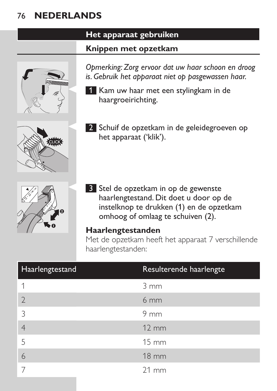 Het apparaat gebruiken, Knippen met opzetkam, Haarlengtestanden | Nederlands | Philips HAIRCLIPPER Series 1000 Tondeuse cheveux User Manual | Page 76 / 108