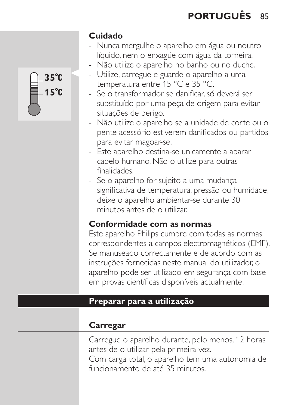 Cuidado, Conformidade com as normas, Preparar para a utilização | Carregar | Philips HAIRCLIPPER Series 1000 Tondeuse cheveux User Manual | Page 85 / 108