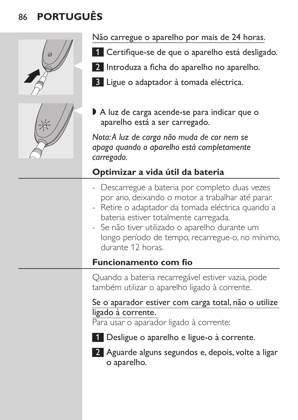 Optimizar a vida útil da bateria, Funcionamento com fio | Philips HAIRCLIPPER Series 1000 Tondeuse cheveux User Manual | Page 86 / 108